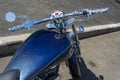 Beautiful top view of a motorcycle, blue motorcycle gas tank, motorcycle steering wheel, Shining chrome, gas handle Royalty Free Stock Photo