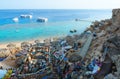 Beautiful top view of popular Farsha cafe on shore of Red Sea in Hadaba district, Sharm El Sheikh, Egypt