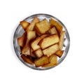 Top View of tapioca chips in a Glass bowl isolated on white background.