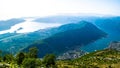 Beautiful top view to Boka Kotorska Bay and and and Tivat airport.  Adriatic Sea. Dalmatia. Balkan. Montenegro Royalty Free Stock Photo