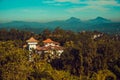 Beautiful top view. Town Kandy. Sri Lanka tourism. Ceylon travel. Ecotourism concept. Hotel building, guest house in jungle.