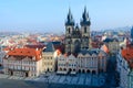 Beautiful top view of Tyn Church in historic center of Prague Stare Mesto, Czech Republic