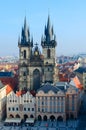 Beautiful top view of Tyn Church in historic center of Prague, Stare Mesto, Czech Republic