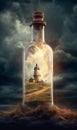 A tornado] + in a bottle, stormy background.Generative AI