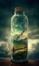 A tornado] + in a bottle, stormy background.Generative AI