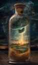 A tornado] + in a bottle, stormy background.Generative AI