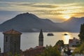 Sunset over Kotor Bay and the bell tower of St.Nicholas church,Perast,Montenegro,Eastern Europe