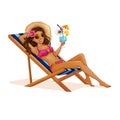 A beautiful tourist girl in a swimsuit resting on a deckchair with a cocktail in her hands. Vector beach illustration. Royalty Free Stock Photo