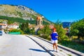 Tourist woman in Trigrad Western Rhodope Mountains Bulgaria