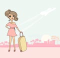 Beautiful tourist on tropical vacation, funny hand drawn illustration