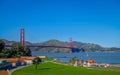 Beautiful touristic view of Golden Gate Bridge, iconic construction landmark in San Francisco city Royalty Free Stock Photo