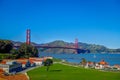 Beautiful touristic view of Golden Gate Bridge, iconic construction landmark in San Francisco city