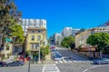 Beautiful touristic view of the iconic Lombard street hill in downtown San Francisco