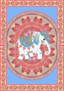 Beautiful towel with blue indian elephant on red mandala flower and paisley frame in vector Royalty Free Stock Photo