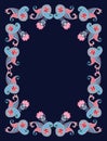 Beautiful towel with cute paisley frame and fantasy flowers in folk style on dark blue background in vector.