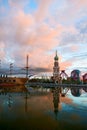 The beautiful tower and inverted image in matryoshka square of NZH Manzhouli sunset Royalty Free Stock Photo