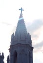 Beautiful tower with sunrays of the world famous basilica of Our Lady of Good Health in velankanni. Royalty Free Stock Photo