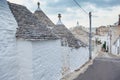 Beautiful town of Alberobello with Trulli houses among green plants and flowers, Apulia region, Southern Italy.