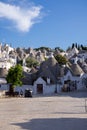 Beautiful town of Alberobello with typical trulli houses built from stone among green plants and flowers, main touristic district