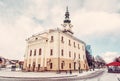 Beautiful town hall in main square, Kezmarok, Slovakia, red filt