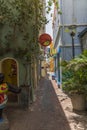 Beautiful town landscape view. Colorful buildings on street with beautiful architecture on hot summer day. Willemstad.