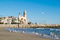 The beautiful town of Sitges with seagulls, Landscape of the coastline in Sitges, ParrÃÂ²quia de Sant Bartomeu i Santa