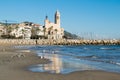 The beautiful town of Sitges with seagulls, Landscape of the coastline in Sitges, ParrÃÂ²quia de Sant Bartomeu i Santa