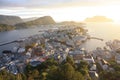 Panoramic View on Aalesund city centre by sunset Royalty Free Stock Photo