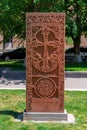 Beautiful traditional Armenian stone carving - khachkar in the center of Yerevan