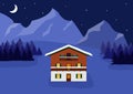 Beautiful traditional austrian wooden house in moonlight winter night alpine landscape. Alpine chalet. Vector illustration. Royalty Free Stock Photo