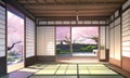 Beautiful traditional japanese living room with sliding doors opened. Garden with cherry blossom visible in the background. Anime Royalty Free Stock Photo