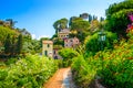 Beautiful traditional street with flowers of the Portofino, Liguria, Italy