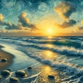Beautiful Tranquil Beach In The Morning View, With Sunrise, Reflection On Water, Gwntly Waves, Sky Amd Clouds, Painting Art