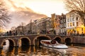 Beautiful tranquil scene of city of Amsterdam at dusk. Bicycles along the street and on the bridge over the canal. Royalty Free Stock Photo