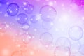 Beautiful Transparent Colorful Purple, Yellow and Pink Soap Bubbles Background. Celebration, White Bokeh Bubbles Backdrop. Royalty Free Stock Photo