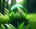 A beautiful transparent glass ball lies on a green fern