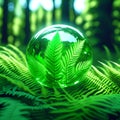 A beautiful transparent glass ball lies on a green fern