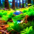 A beautiful transparent glass ball lies on a green fern