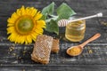 Beautiful transparent honey in bank, honeycombs and pollen on a wooden table Royalty Free Stock Photo