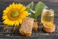 Beautiful transparent honey in bank, honeycombs and pollen on a wooden table Royalty Free Stock Photo