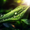 Beautiful of transparent rain water droplets on a green leaf macro in the morning glowing from the sun for Natural background Royalty Free Stock Photo