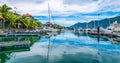 Luxury boats and yachts moored in marina of Eden Island Mahe Seychelles. Royalty Free Stock Photo