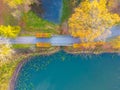 Beautiful travel or tourism style look down aerial of pedestrian foot bridge across River at park with colorful fall foliage