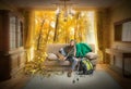 beautiful traveler sitting on sofa and dreaming about autumn Royalty Free Stock Photo