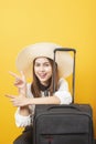 Beautiful traveler woman is exciting on yellow background