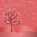 A beautiful tree with hearts on branches of pink color, on a beautiful background with an inscription of a happy Valentine`s Day Royalty Free Stock Photo