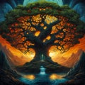 beautiful tree of nine realms of viking mythology, surrealistic illustration, aesthetically pleasing wallpaper background Royalty Free Stock Photo