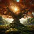 beautiful tree of nine realms of viking mythology, surrealistic illustration, aesthetically pleasing wallpaper background Royalty Free Stock Photo