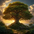 beautiful tree of nine realms of viking mythology, surrealistic illustration, aesthetically pleasing wallpaper background Royalty Free Stock Photo