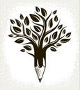 Beautiful tree with pencil combined into a symbol, creativity and ideas concept vector classic style logo or icon. Art and design